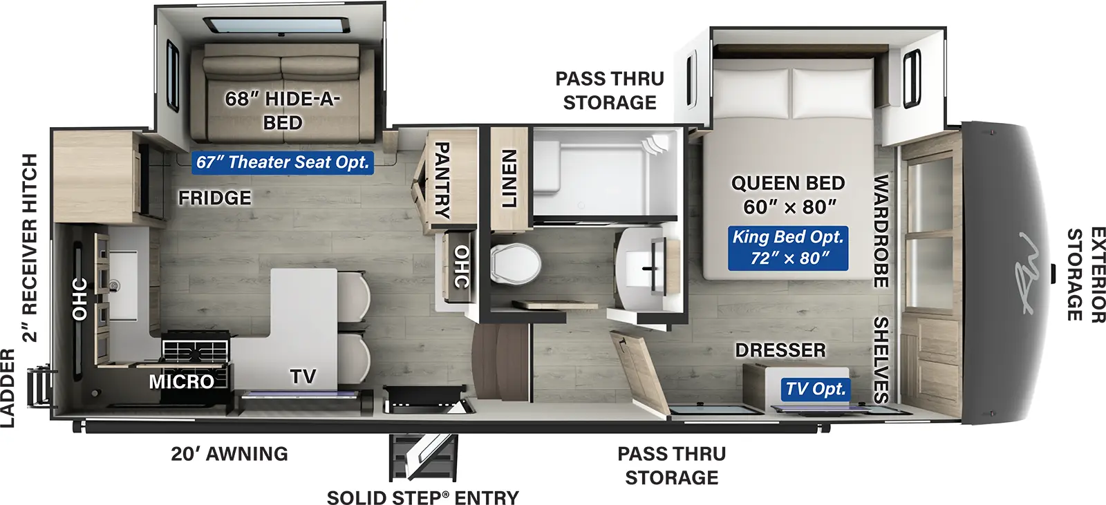 The Rockwood Signature Fifth Wheels R281RK has one entry and two slide outs. Exterior features include: fiberglass exterior and 20' awning. Interiors features include: rear kitchen and front bedroom.